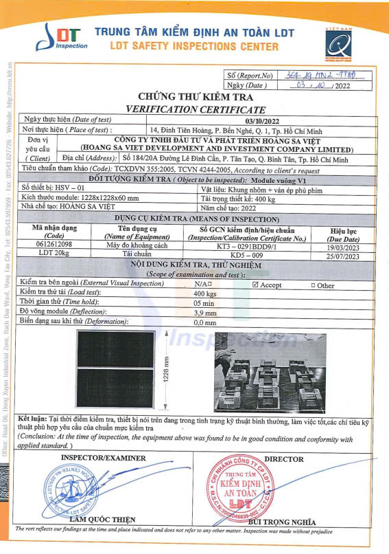 chứng từ kiểm định chất lượng bục sân khấu