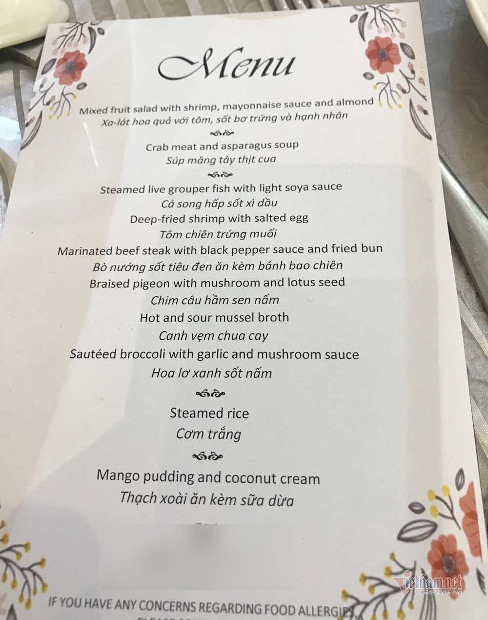 menu tiệc cưới